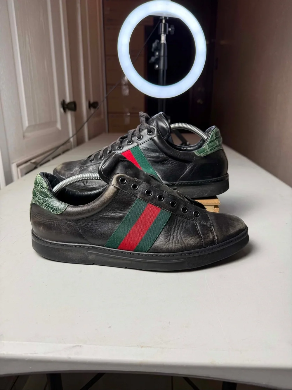 Men's GUCCI 'Web' Black Leather Sneakers ACE crocodile Sz 11 G / US 12